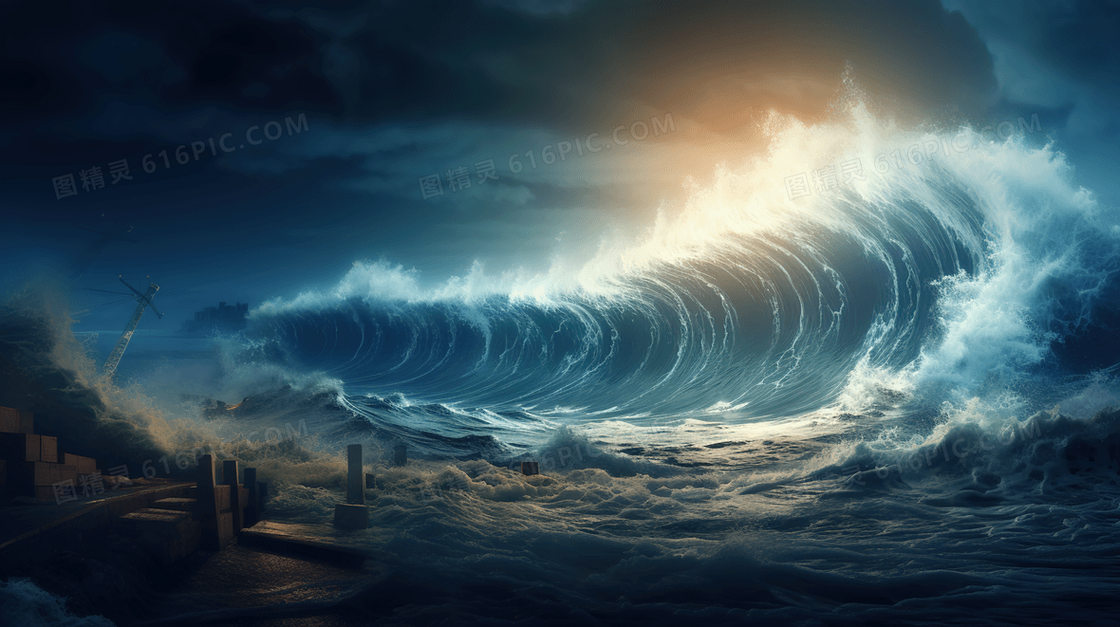 海浪海啸自然灾害插画