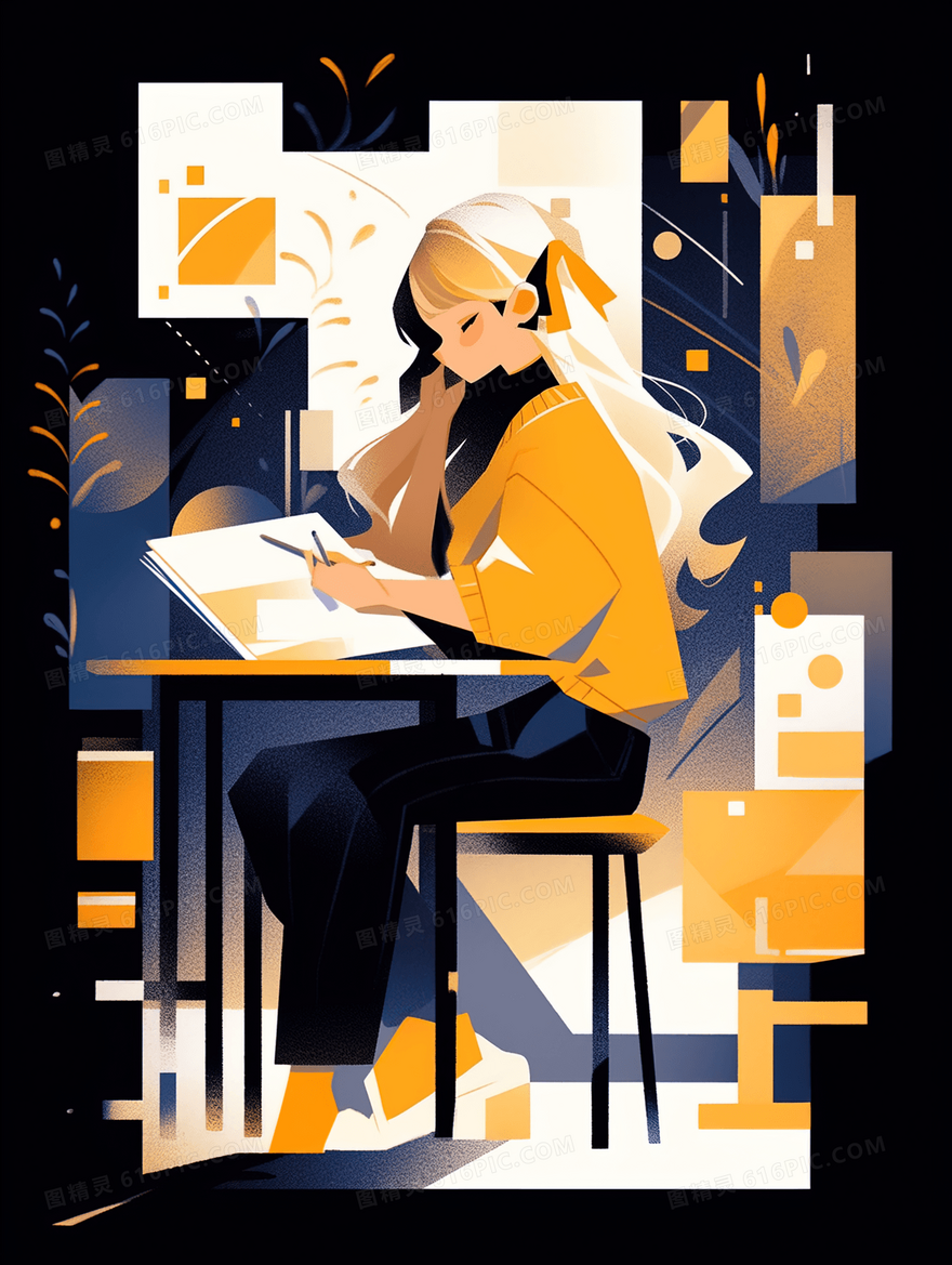 书桌旁的女生插画