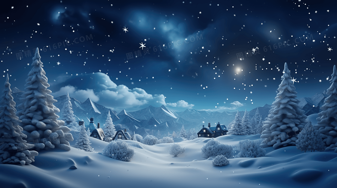 冬天黑夜里星空照耀铺满白雪的森林风景插画