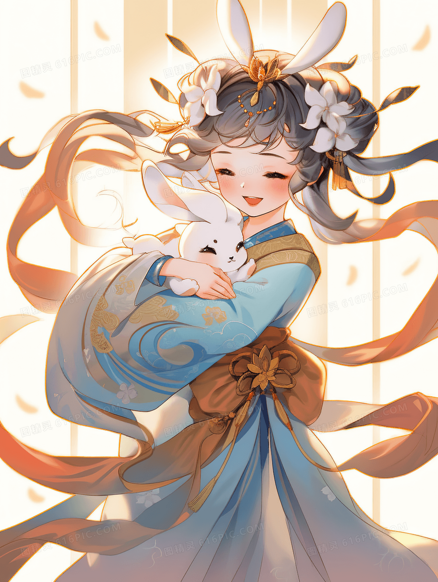 古风少女中秋节抱着兔子嫦娥仙子创意插画