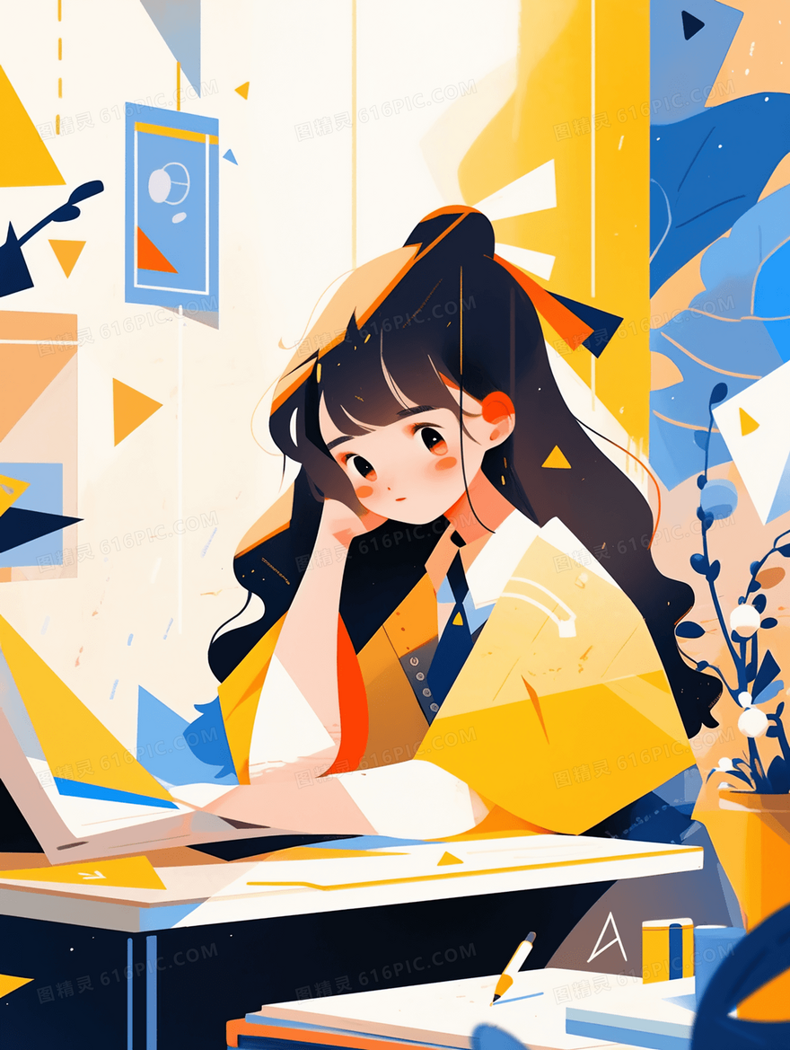 书桌旁的女生插画