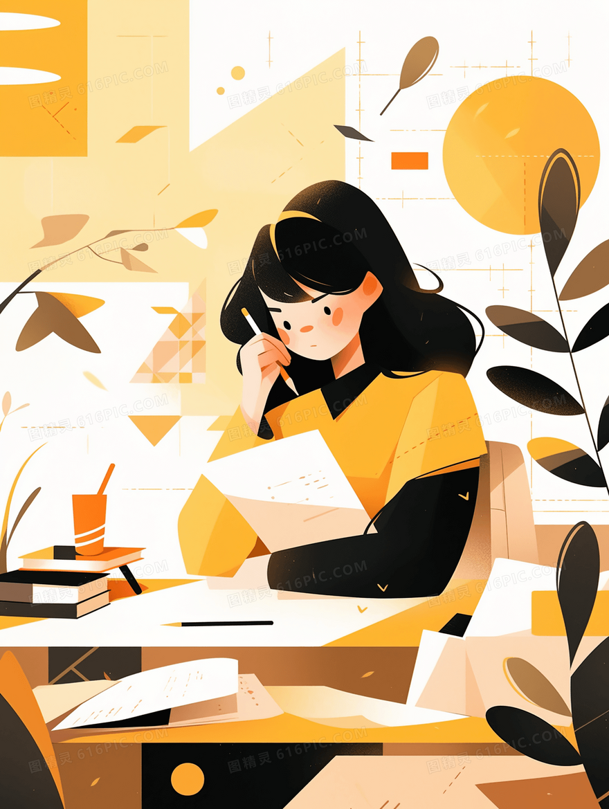书桌旁的女生插画
