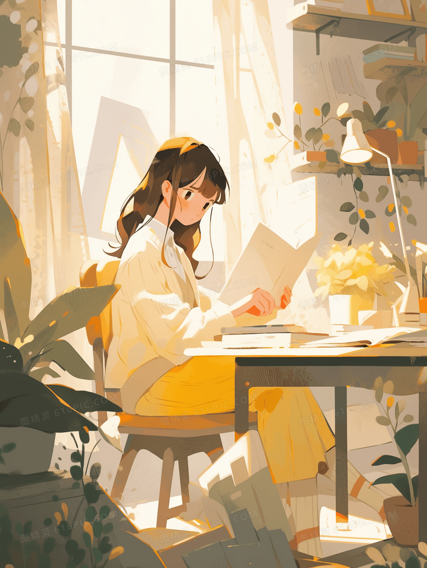 书桌旁的女生插画