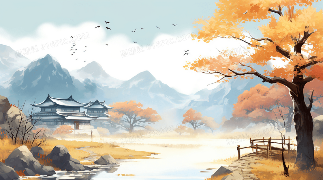 秋天金色树木山水建筑风景插画