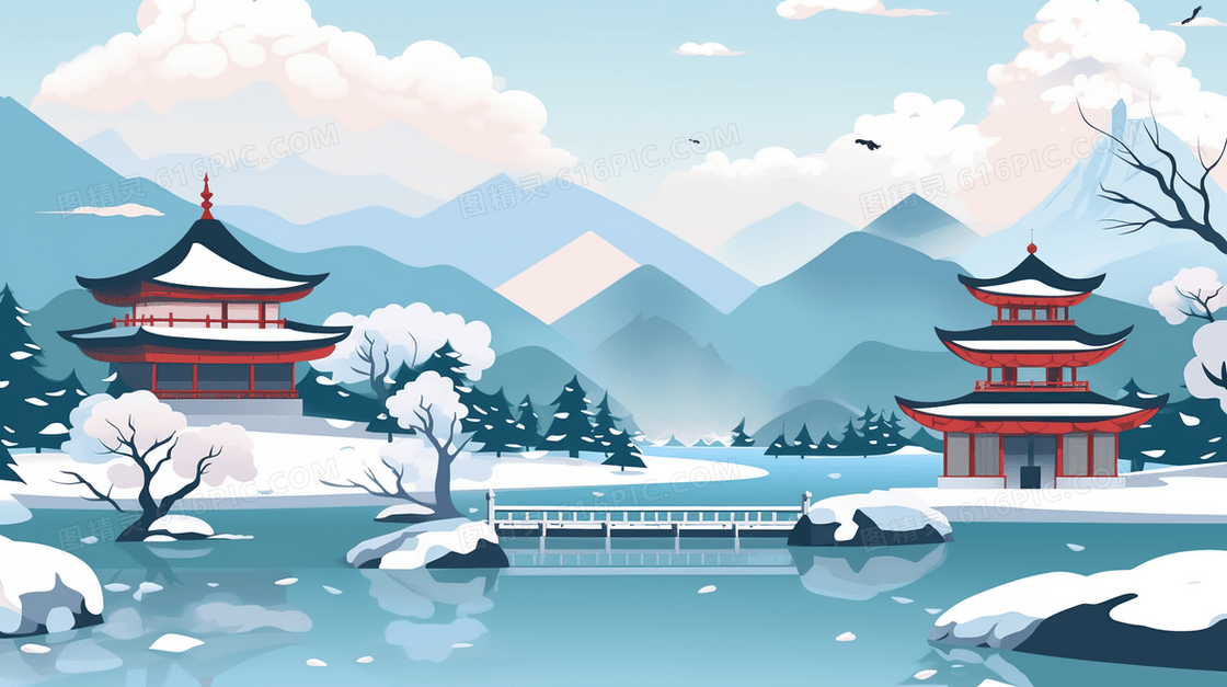 冬季中国风古建筑山水雪景插画