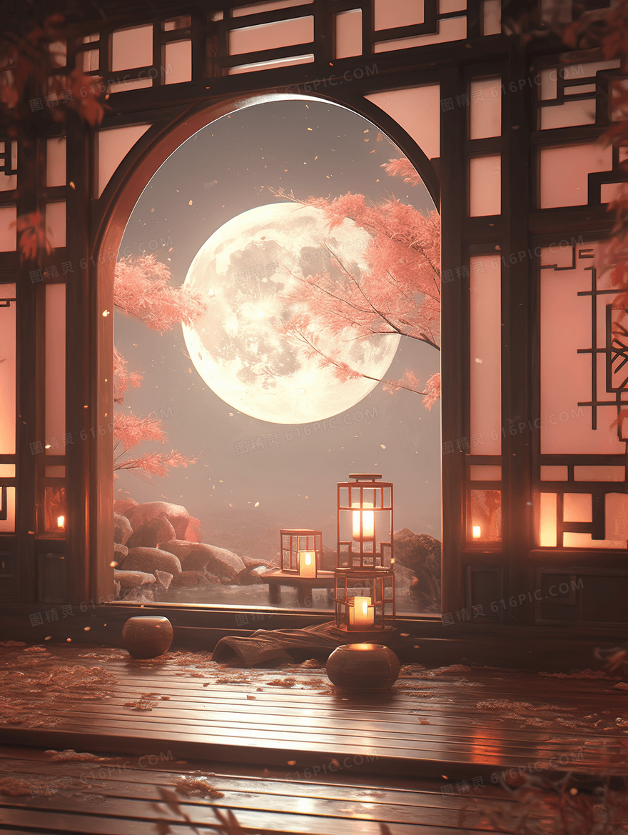 古色古香中秋节赏月场景创意插画