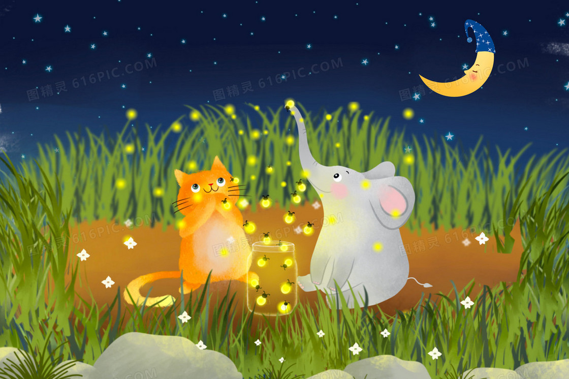 夜晚森林里猫咪和大象看萤火虫插画