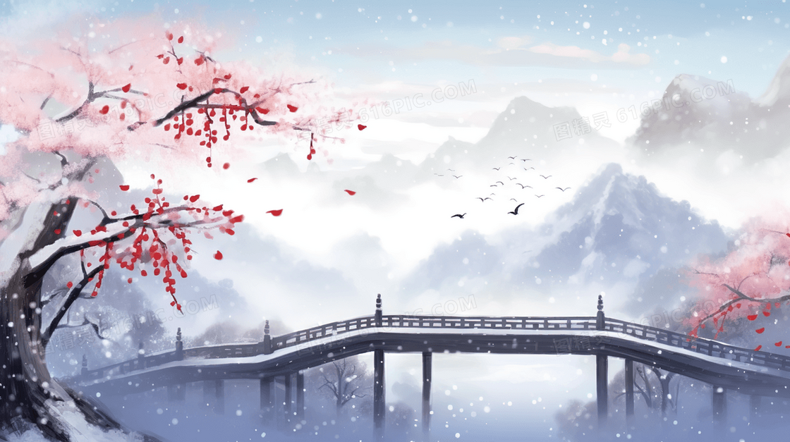 大雪里的桥梁和红花山水风景插画