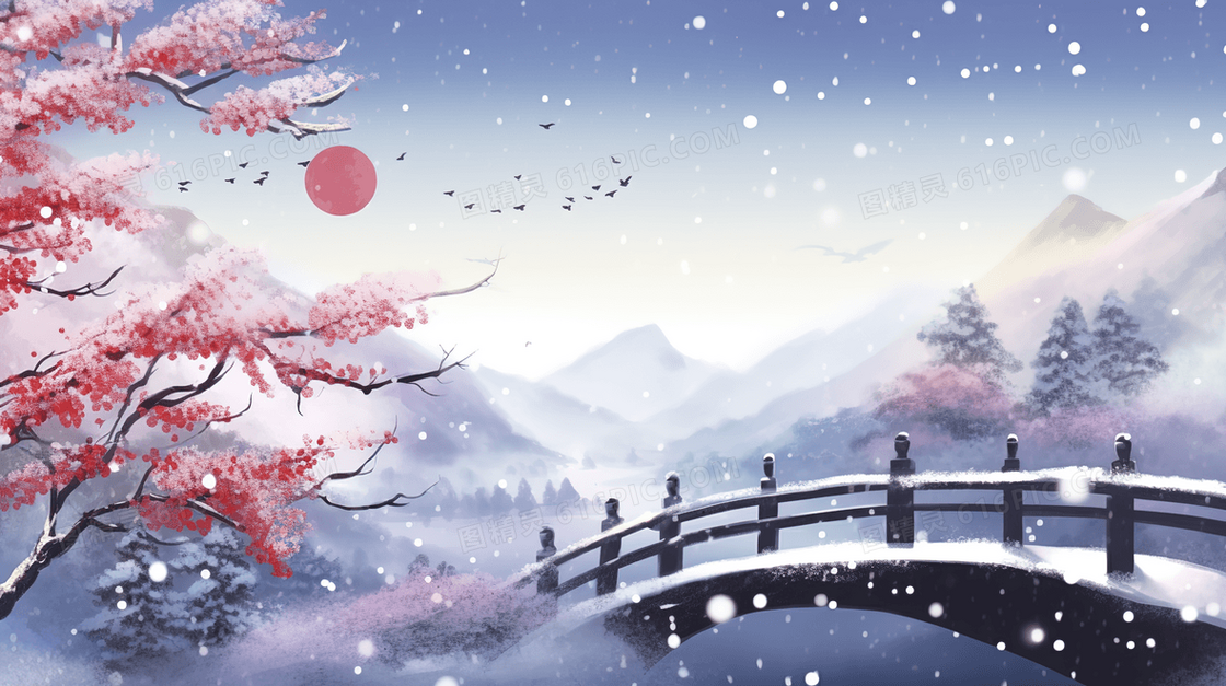 大雪里的桥梁和红花山水风景插画