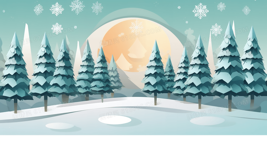 冬季松树林雪景插画