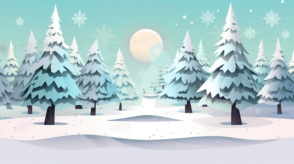冬季松树林雪景插画