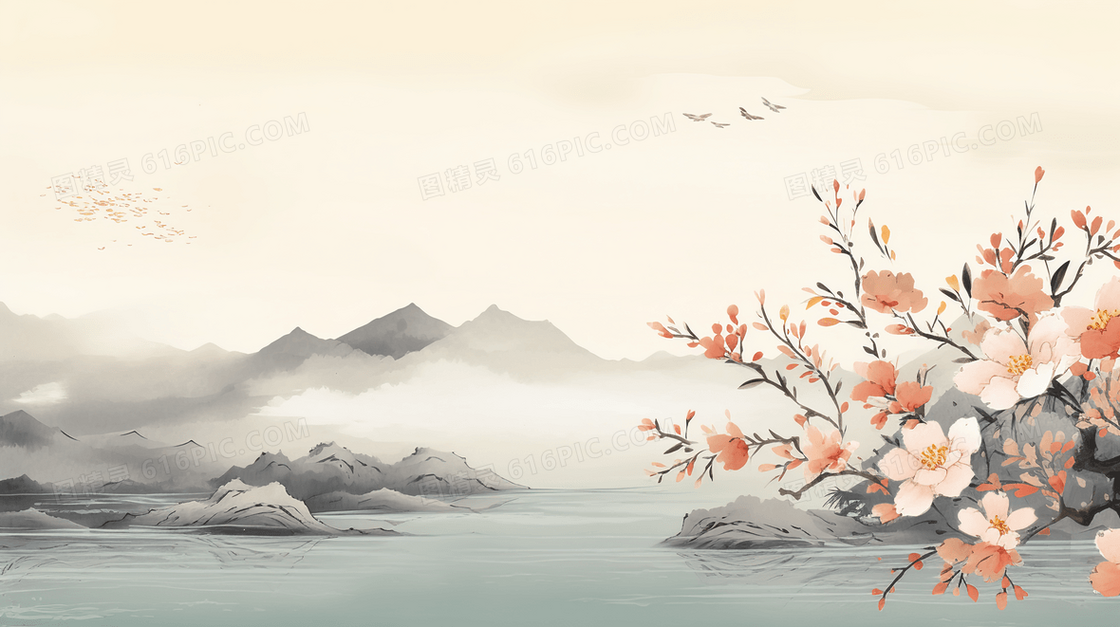 中国风水墨晕染山水风景插画