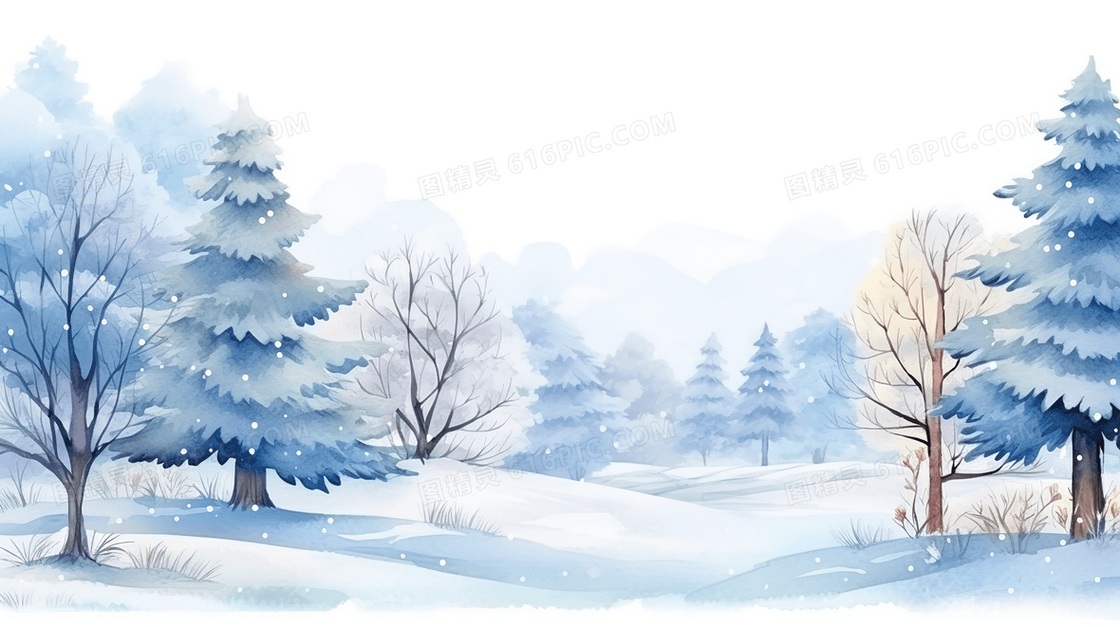冬天下雪天树林雪地风景插画