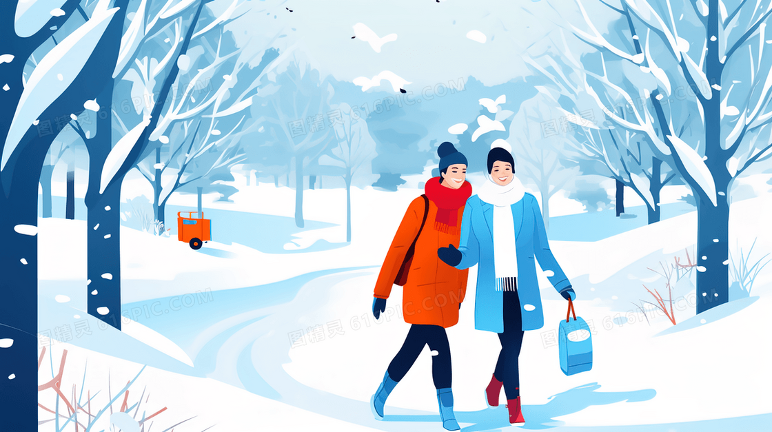 冬日大雪山林徒步插画