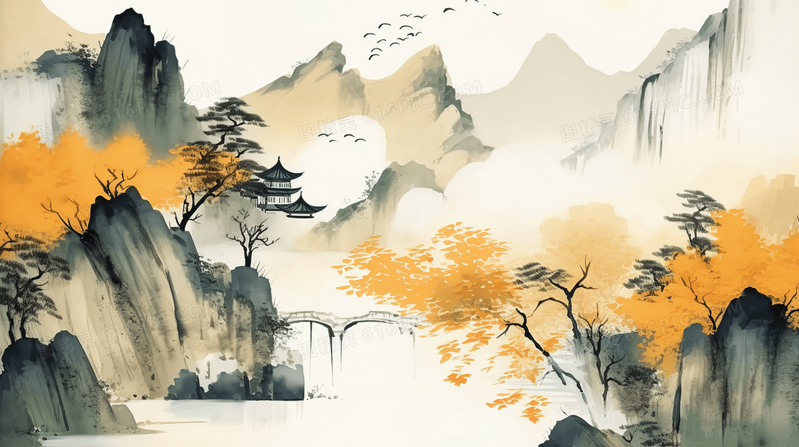 中国风秋天树木山水风景水墨插画