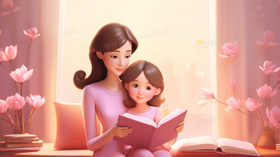 母亲和女儿看书讲故事粉色温馨插画