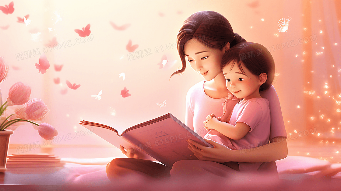 母亲和女儿看书讲故事粉色温馨插画