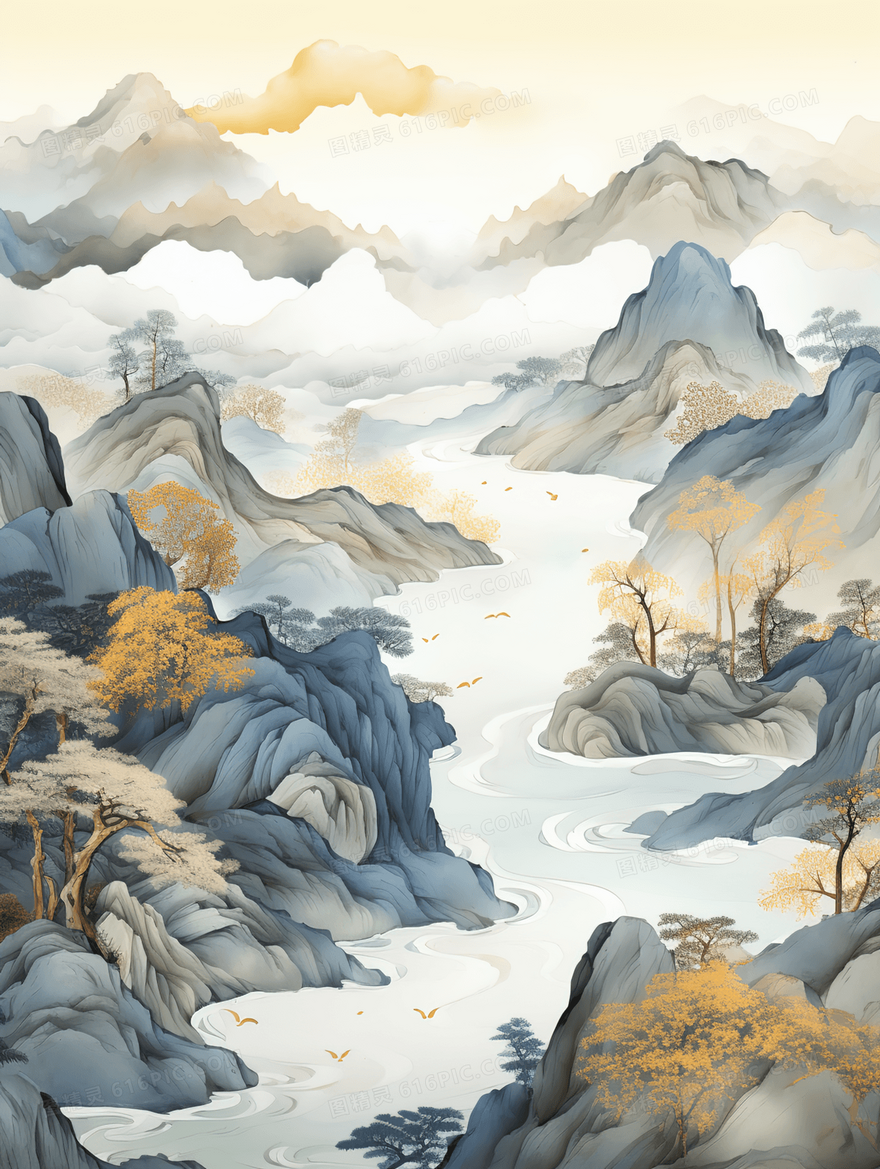 中国风秋天树木山水风景水墨插画