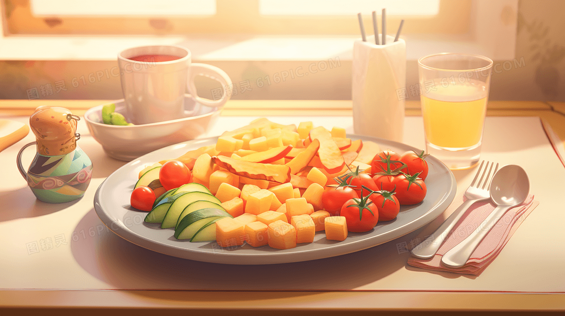 桌面精致摆盘的健康水果蔬菜食物插画