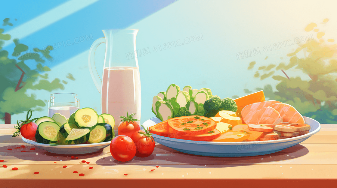 桌面精致摆盘的健康水果蔬菜食物插画
