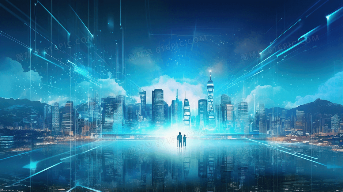 蓝色商务科技风格未来城市科幻插画