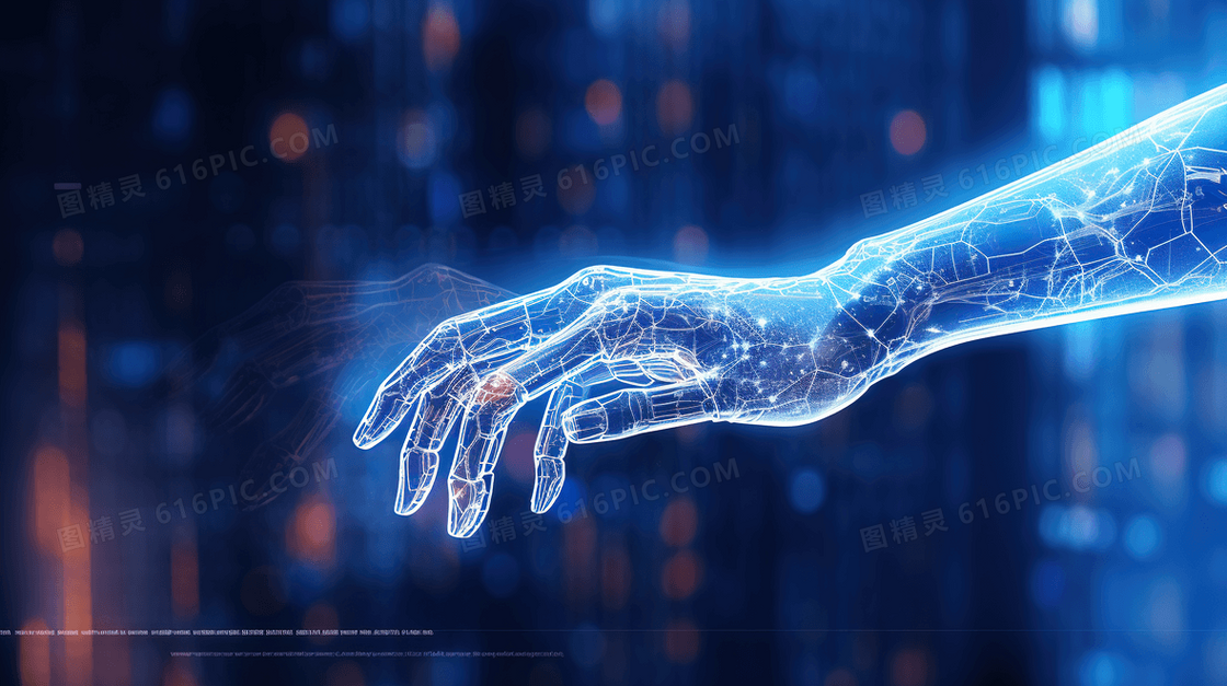 蓝色商务科技风格虚拟机械手臂科幻企业宣传插画