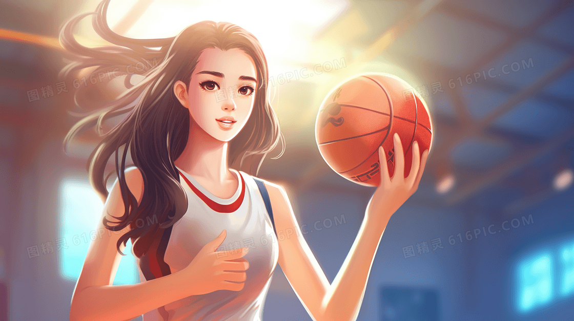 体育馆里打篮球的女学生运动插画