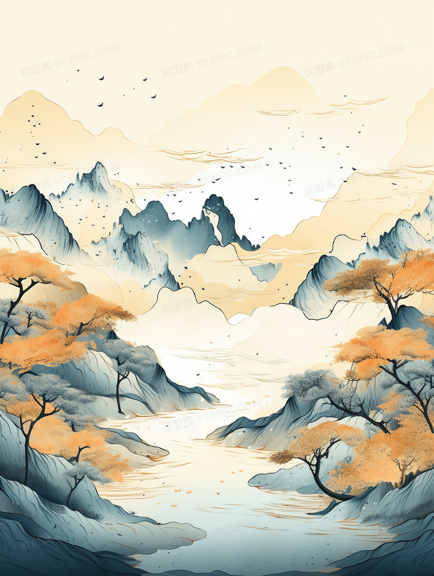 中国风秋天树木山水风景水墨插画