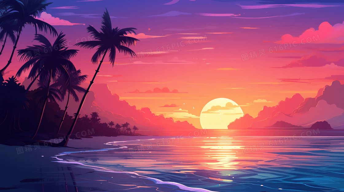 海滩椰林树影夕阳晚霞插画