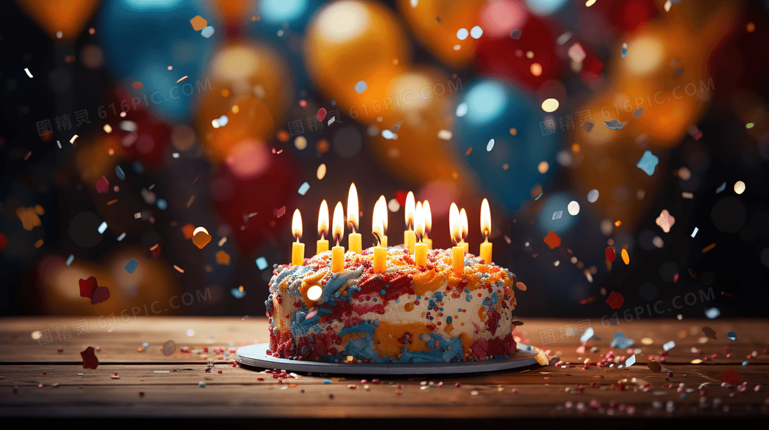 飘满气球彩带和点燃蜡烛的生日蛋糕插画