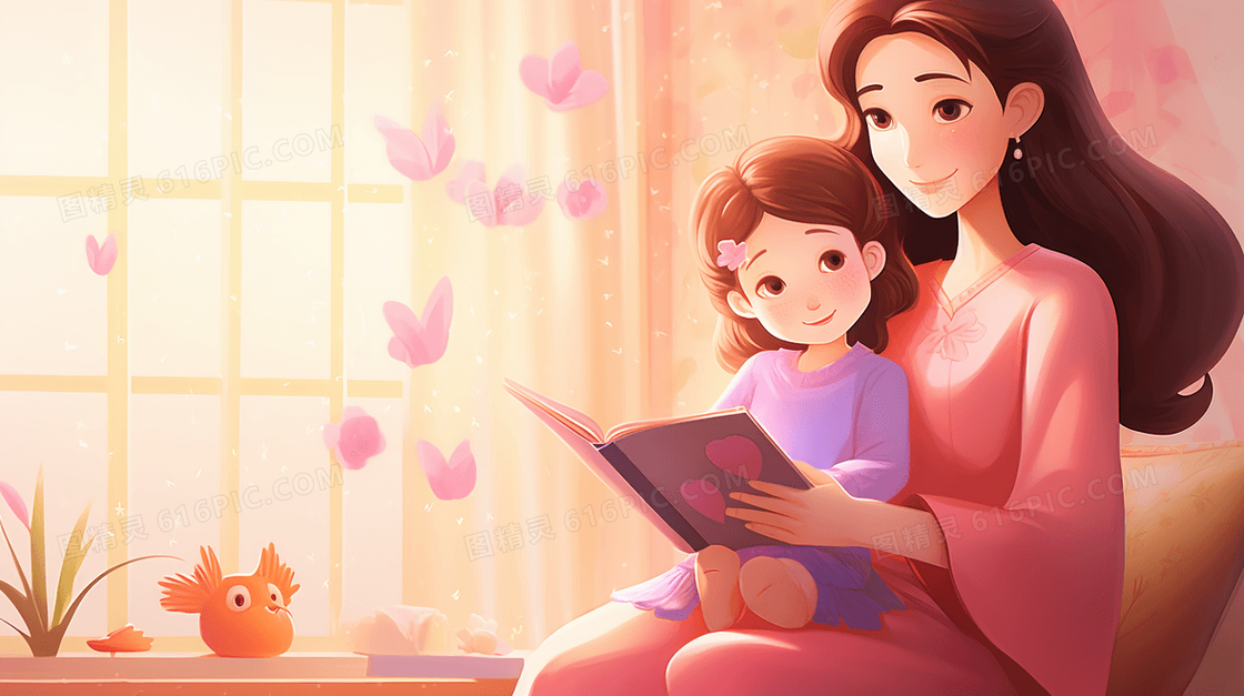 妈妈和女儿一起看书讲故事粉色温馨插画