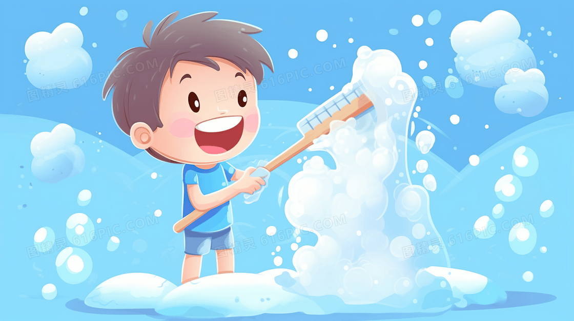 蓝色卡通小孩刷牙玩耍场景创意插画