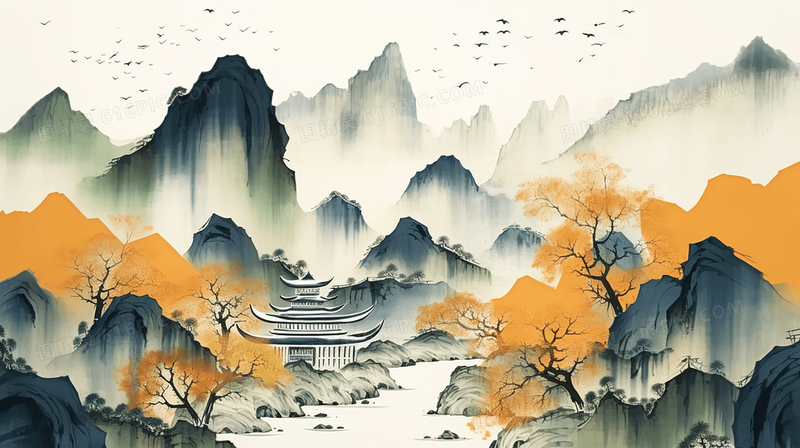 中国风秋天树木山水建筑风景水墨插画