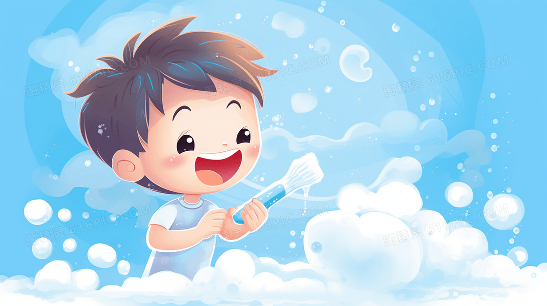 蓝色卡通小孩刷牙玩耍场景创意插画