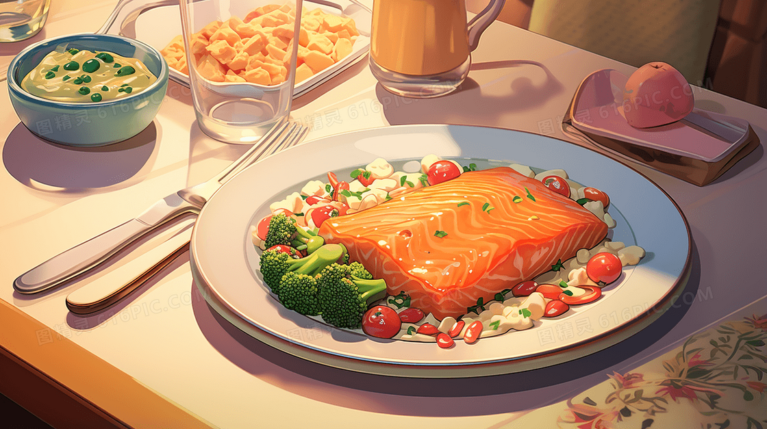 餐桌上精致摆盘的西餐三文鱼美食插画