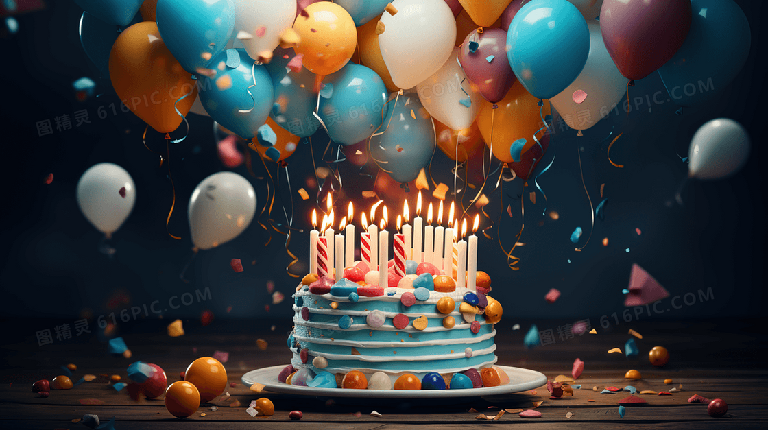 飘满气球彩带和点燃蜡烛的生日蛋糕插画