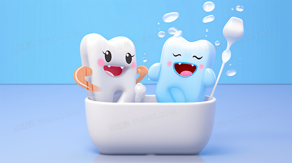 蓝色卡通牙齿玩偶爱牙日医疗插画