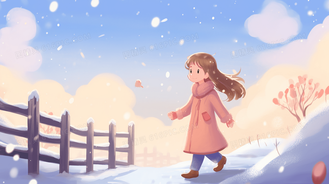 雪山上木栅栏旁看雪景的少女插画