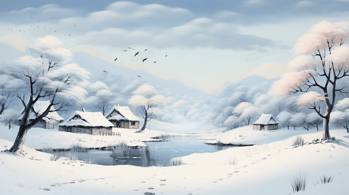 冬季山水小屋仙境雪景插画