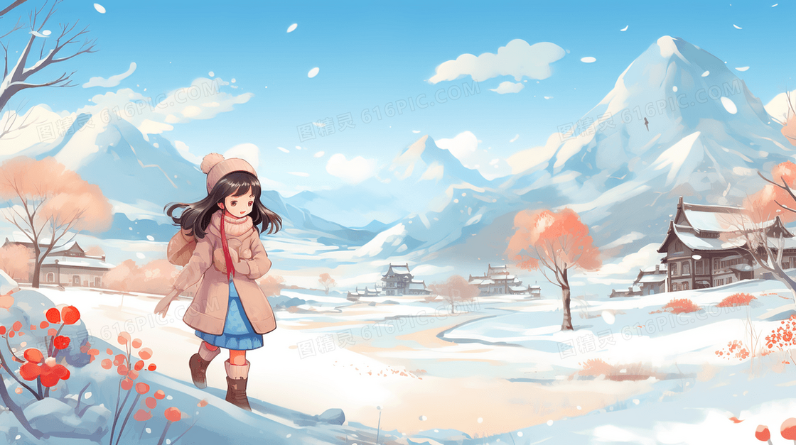 雪山里欣赏雪景的少女插画