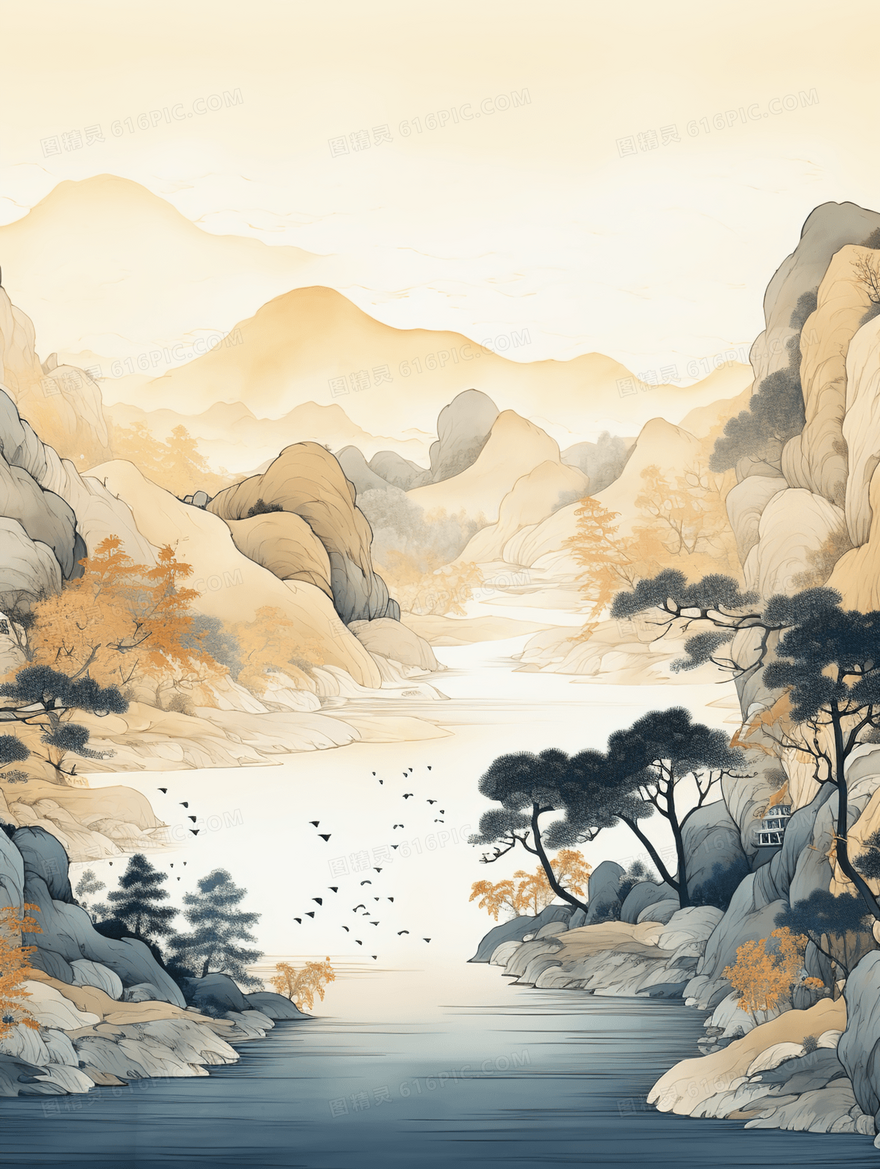 中国风秋天树木山水建筑风景水墨插画