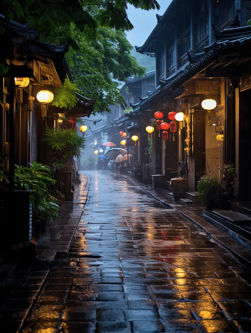 夜晚古镇灯火通明的街道石板路建筑概念图片