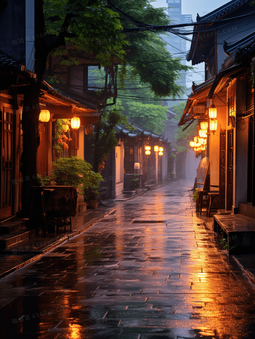 夜晚古镇灯火通明的街道石板路建筑概念图片