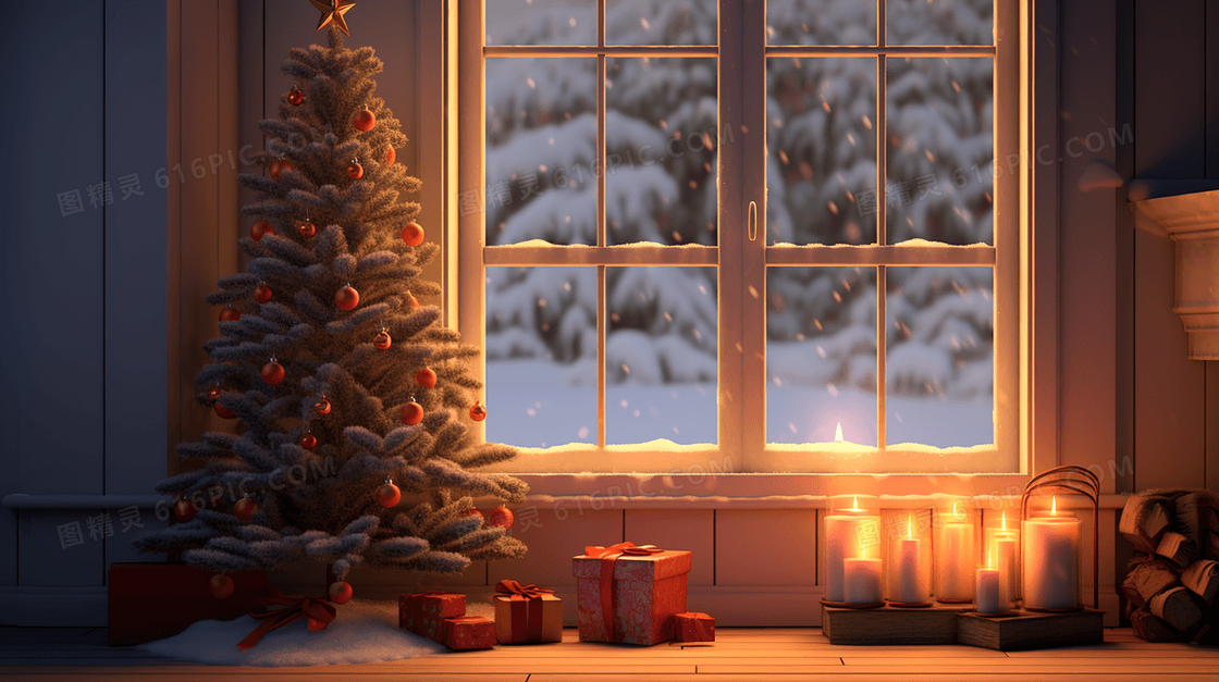 黄昏圣诞节平安夜室内客厅装饰布置插画