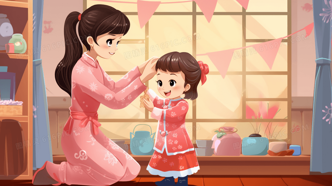 冬天降温室内母亲关心孩子插画