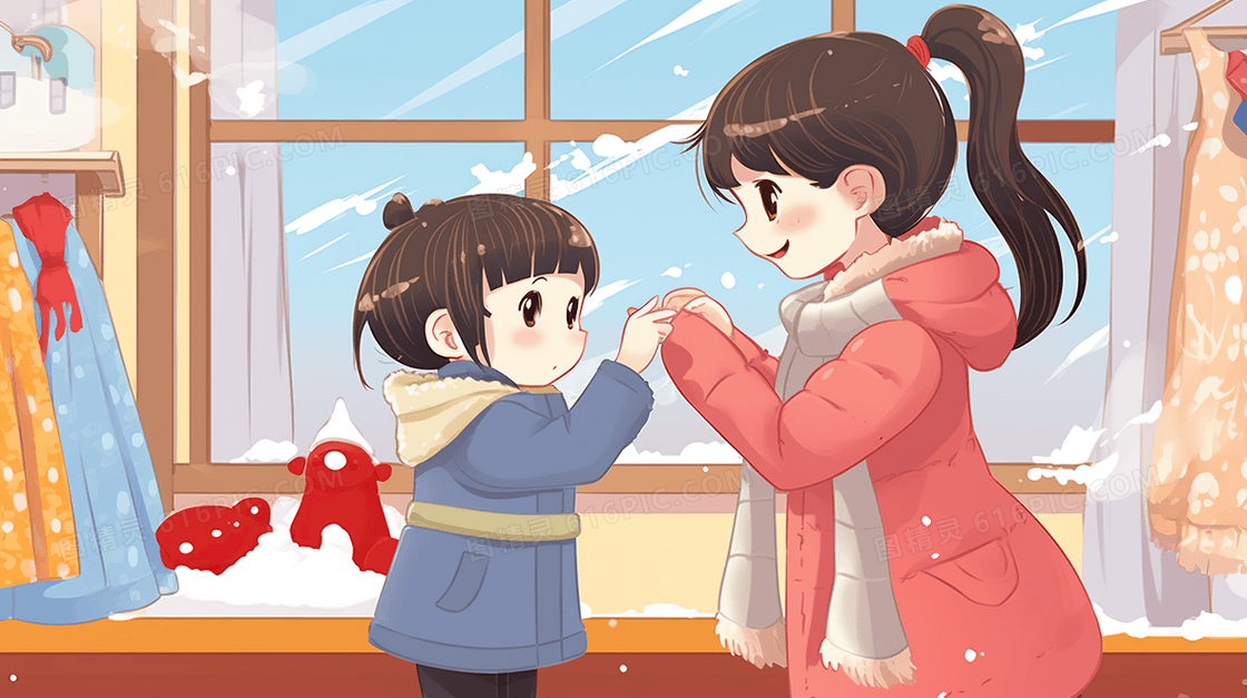 冬天降温室内母亲关心孩子插画