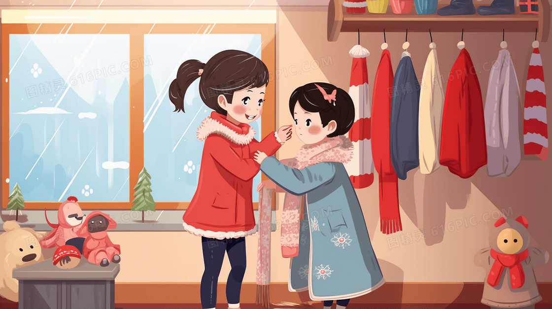 冬天降温室内母亲关心孩子插画