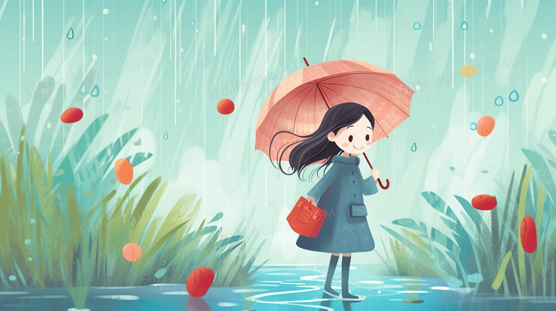深秋降温在雨中撑着伞唯美落叶插画