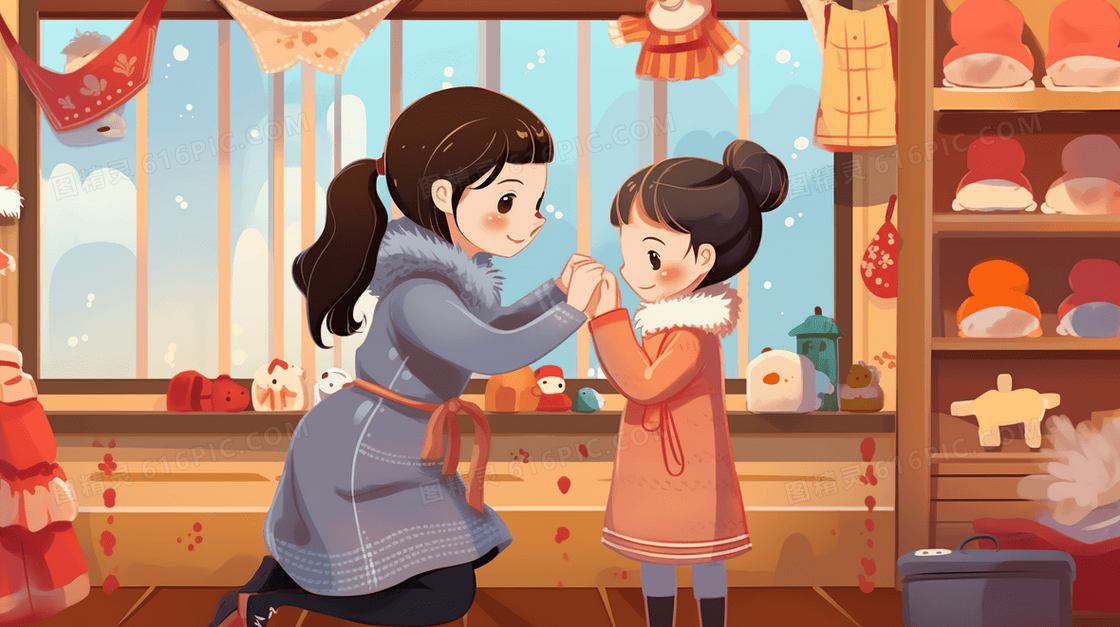 冬天降温室内母亲关心孩子插画