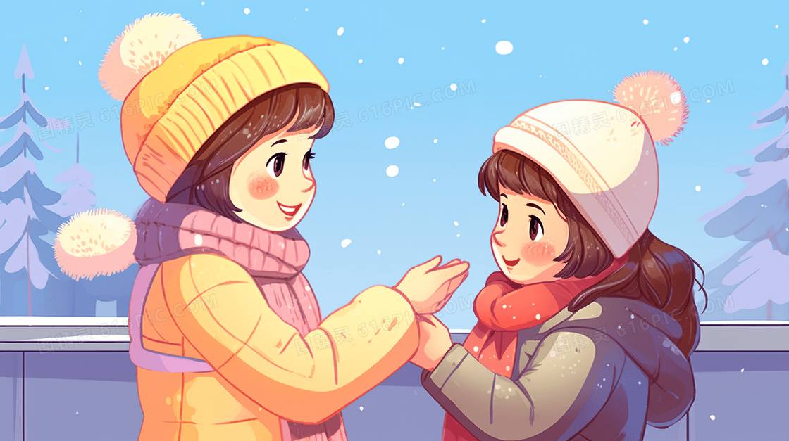 冬天妈妈带孩子在雪地里玩耍插画